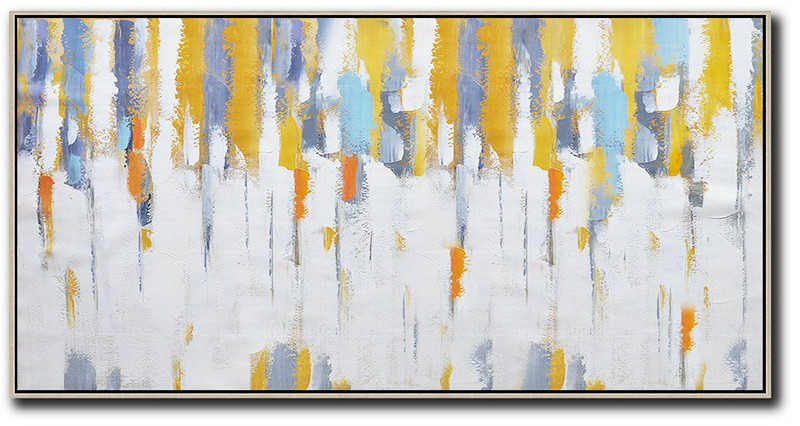 Extra Large Acrylic Painting On Canvas,Horizontal Palette Knife Contemporary Art,Large Wall Canvas Paintings,White,Grey,Yellow.etc